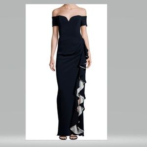 BADGLEY MISCHIKA EVENING GOWN BLACK OFF SHOULDER